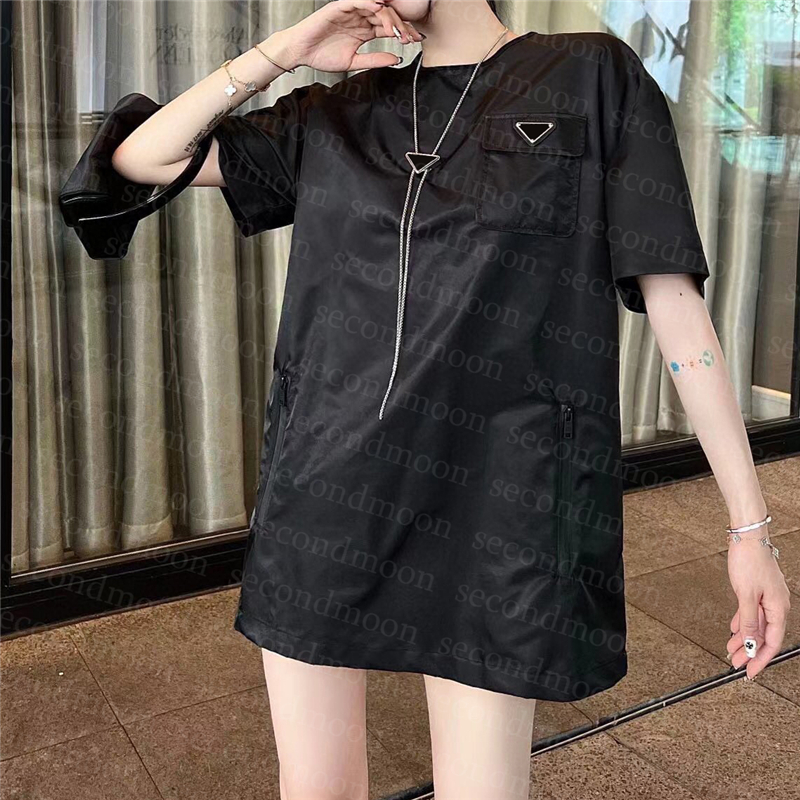 

Triangle Badge Dress Women Short Sleeve Dresses Summer Casual Style Dress Designer Crew Neck Clothing, Black