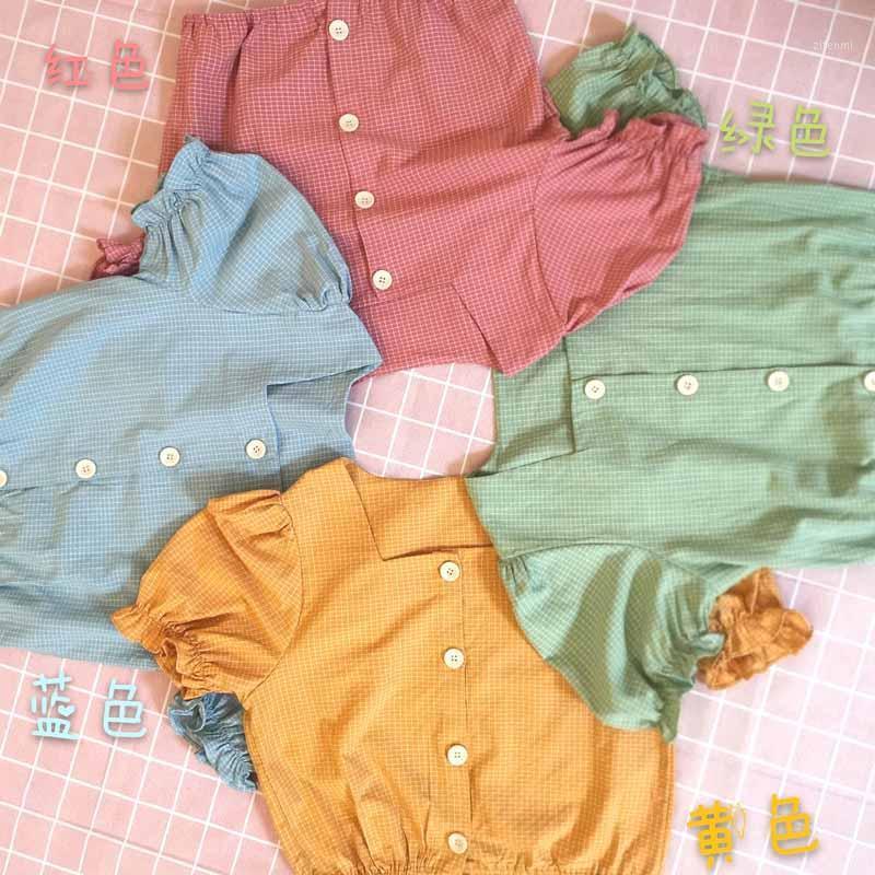 

Korean Preppy Style Plaid Blouses Square Collar Ladies Sweet Summer Short Sleeve Single Breasted Friends Sister Tops Shirt Women's & Shirts, Blue