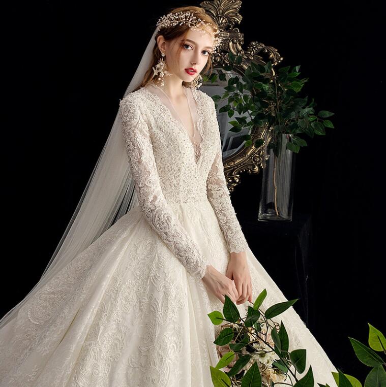 

2022 new bride main wedding dress lace dress starry sky long sleeve trailing tail Wed Dresses Vestido de novia, White