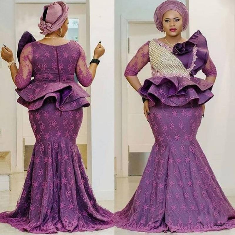 

Party Dresses Plus Size Nigeria Aso Ebi Style Evening Purple Lace Ruffled Mermaid Prom Dress African Women Night Gowns CustomParty, Gold