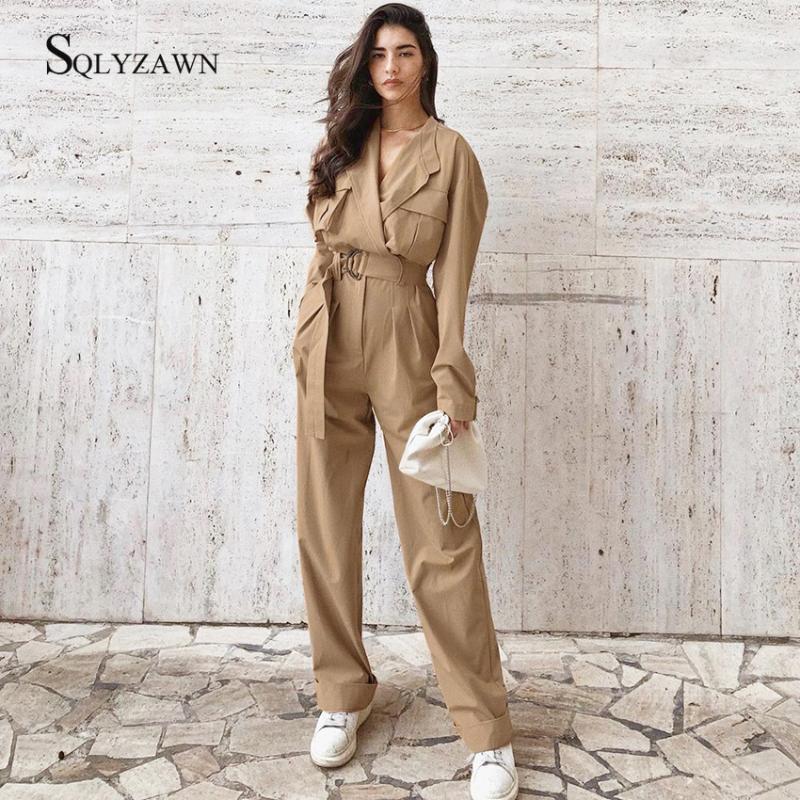 

High-quality 2022 Fashion Street Trend Tooling DenimV Neck Jumpsuit Women' Big Pockets Long Sleeve Cargos Trousers, As pic