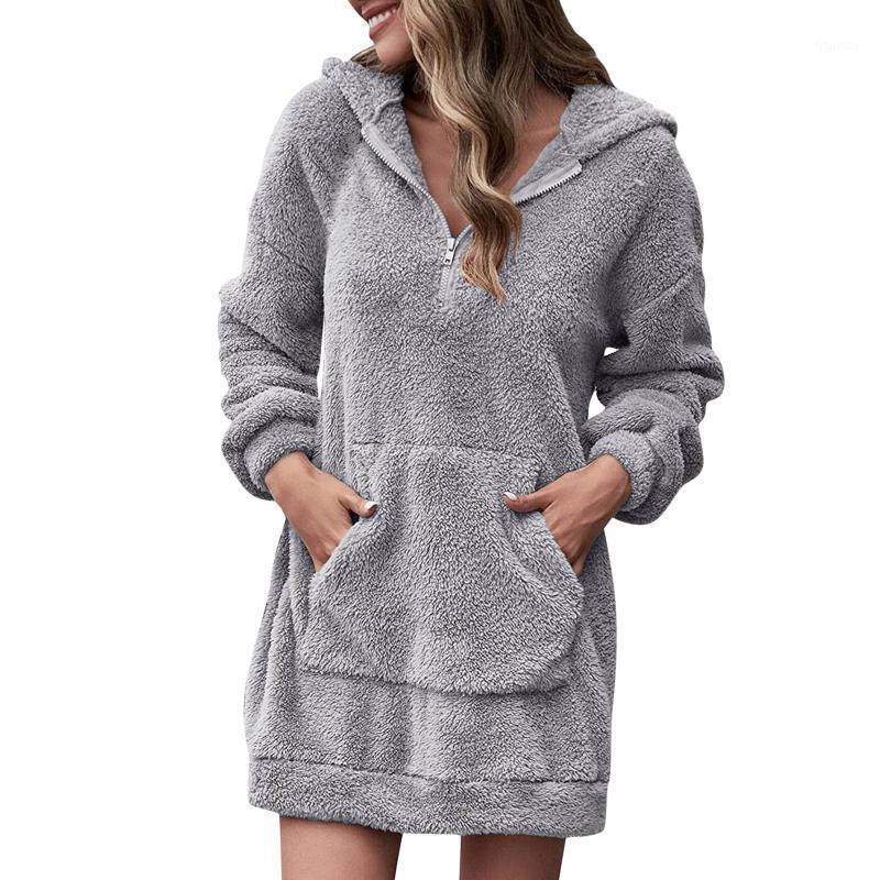 

Casual Dresses Women Winter Warm Plush Hooded Sweatshirt Dress Loose Solid Color Zipper Pocket Pullover Mini Hoodies Robe Femme, Navy blue
