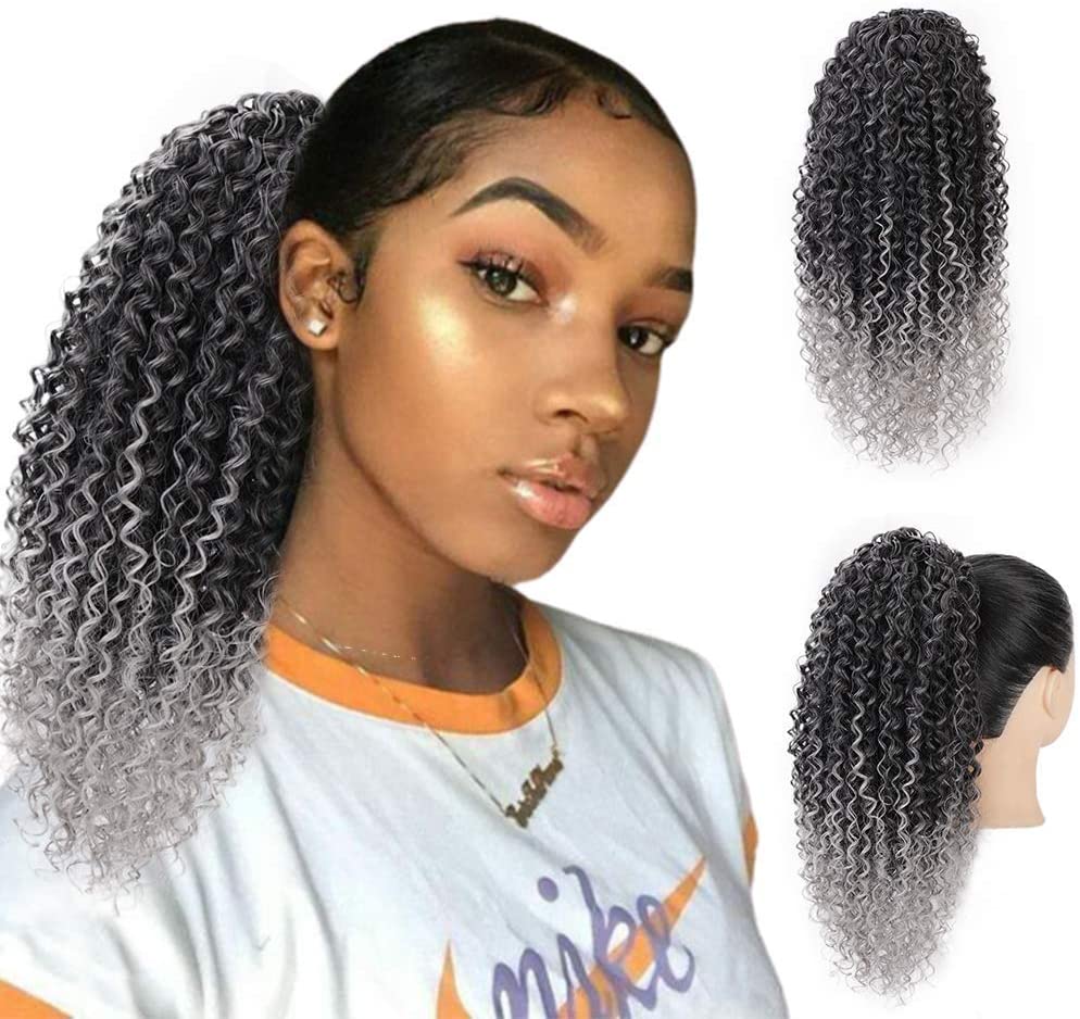 

Grey Afro Puff Drawstring Ponytail Hair Extensions Kinky Curly Puffs Hairpieces Human Hair-Extension Updo Hair for Black Women Girls (Black/Gray)