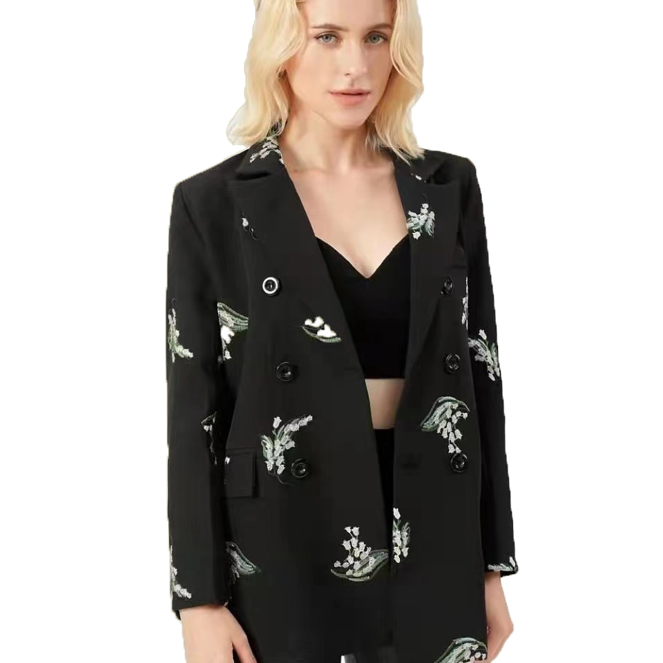 

T089 Tide Brand High-Quality Retro Fashion designer butterfly embroidery Series Suit Jacket Double-Breasted Slim Plus Size Women' Clothing, Black