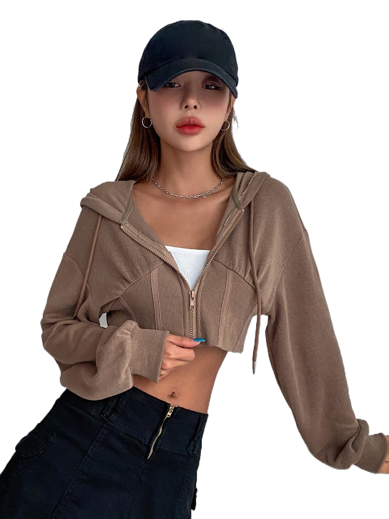 

dazy Solid Drop Shoulder Crop Zipper Up Hoodie a8qP#, Chocolate brown