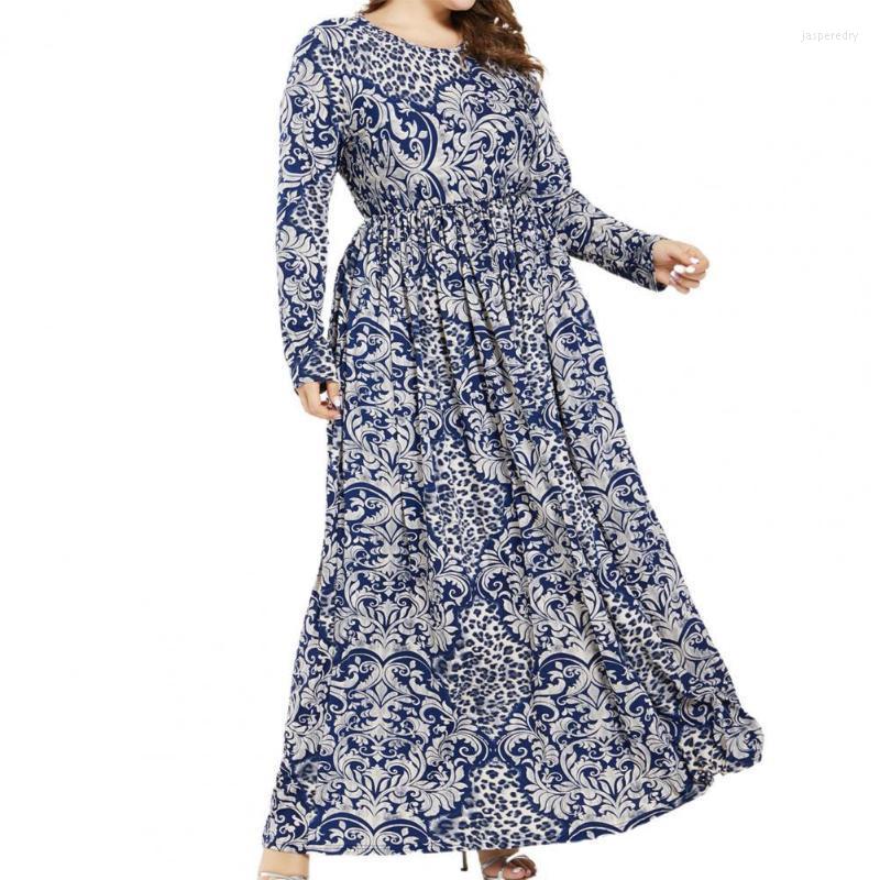 

Plus Size Dresses Vintage Floral Print Maxi For Women 2022 Large Hem Autumn O-Neck Elastic Waist Long Dress Bohemia Jasp22, Blue