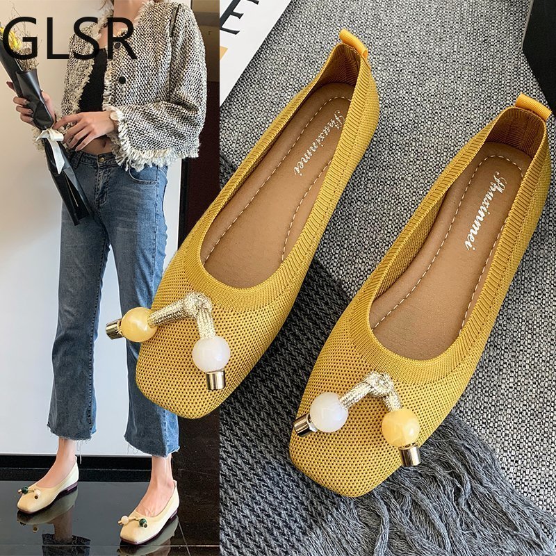 

Women Flats Ballet Shoes Breathable Knitted Square Toe Thick Heels Beige Yellow Flat Ballerina Shallow Female 220613, Dark khaki