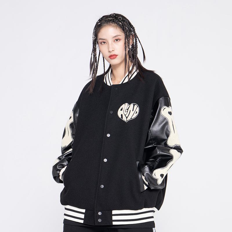 

Women' Jackets Love Bone Embroidery Jacket Women HighStreet Loose Stitching Retro Coat Casual Hit Color Baseball Uniform Clothes Tops