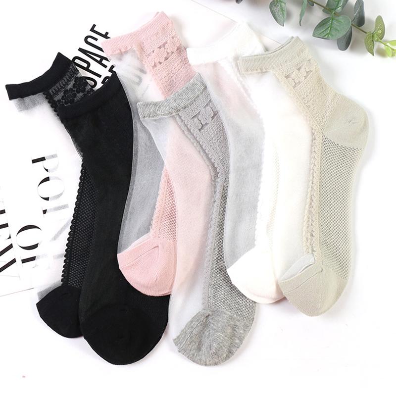

Socks & Hosiery Pairs/Lot Female Japanese/South Korea Sweet Ultra-Thin Transparent Crystal Women Sole Lace Flowers Mesh Non-slip MeiasSocks, White