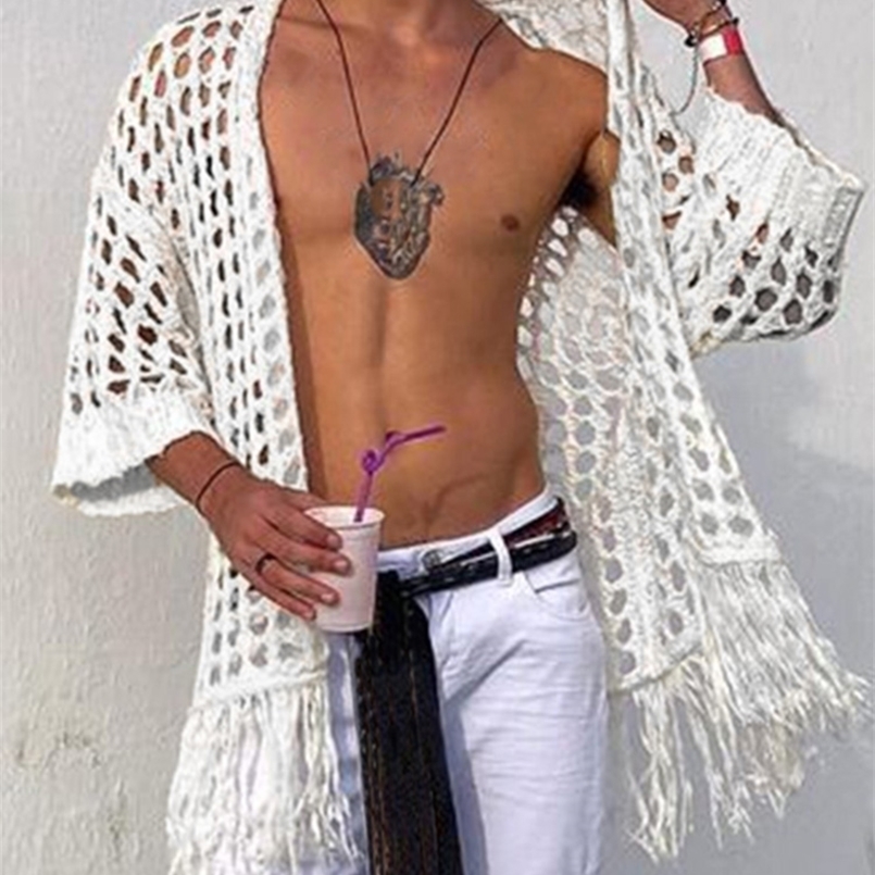 

Men Shirt Solid Mesh Hollow Out See Through Tassel Streetwear Casual Camisas Open Half Sleeve Cardigan INCERUN 5XL 7 220811, White