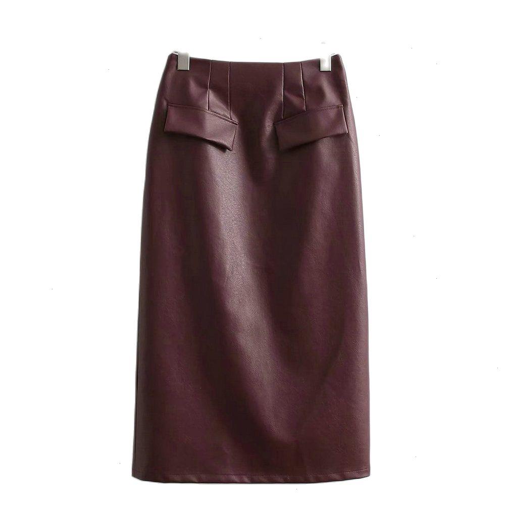 

Autumn Winter Womens Elegant Skirt A-line Faux Leather Pu Empire Female Korean High-waisted Long Wine Red Midi Skirts Cloth, 4729 wine red