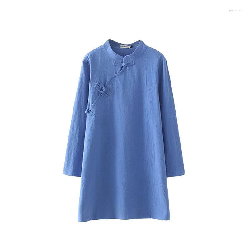 

Plus Size Dresses Spring Dress Women Clothes 2022 Casual Long Sleeve Chinese Style Buttons Cotton Line Split Vetement Femme /4XL Jona22, Blue