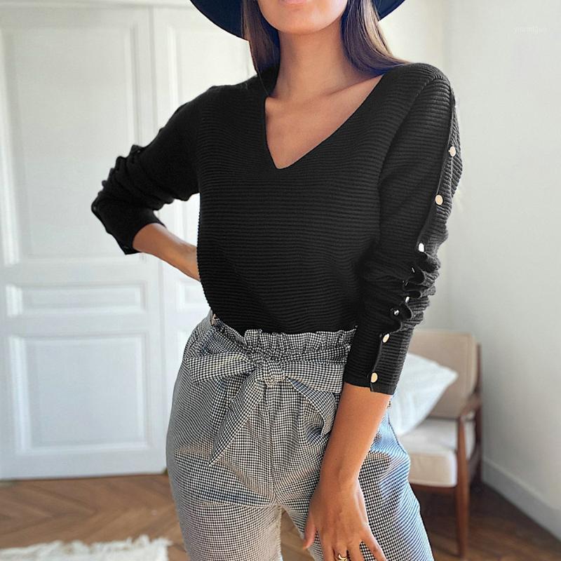

Solid Knitted Top Women 2022 V-Neck Button Long Sleeve Spring And Autumn Tops Female Blouse For Fashion Stylish D30 Women' Blouses & Shirts, Black