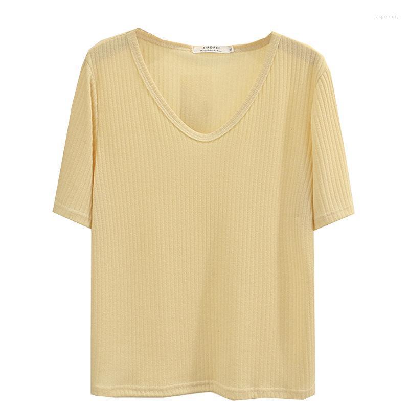 

Women's Plus Size T-Shirt Women Summer 2022 Ice Knitting Casual Solid Color V-Neck Short Sleeves TeesWomen's Jasp22, Black