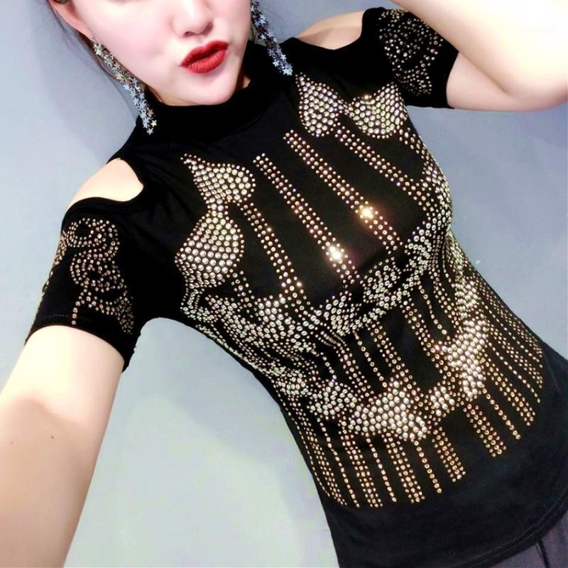 

Women's Blouses & Shirts Stand Neck Summer Women Blouse Sexy Black Luxury Golden Shinny Drills Tops Off Shoulder Tight Theath Club CC084, Stand short sleeve