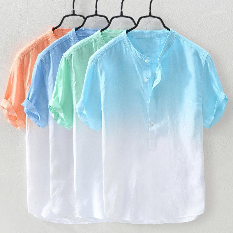 

Men's Casual Shirts 2022 Mens Cotton And Linen Shirt Short-sleeved Cool Breathable Youth Stand-up Collar Dyed Gradient, Light blue