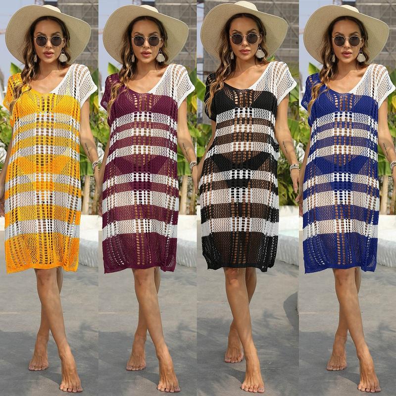 

Women's Swimwear Summer Crochet Women Cover Up Sexy Beach Striped Swimsuit Bikini Short Dress Baththing Suit Cover-upsWomen's