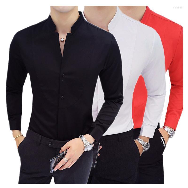 

Men' Dress Shirts Fall Winter Stand Collar Men Long-sleeved Black / Red White Slim Elegant Youth Male Business Wedding Formal TopsMen' Ver