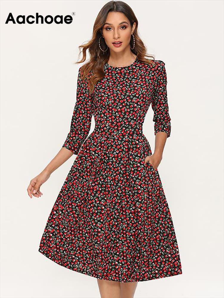 Robe imprimée pour femmes vintage à trois quarts manches drapées d'automne rond coul