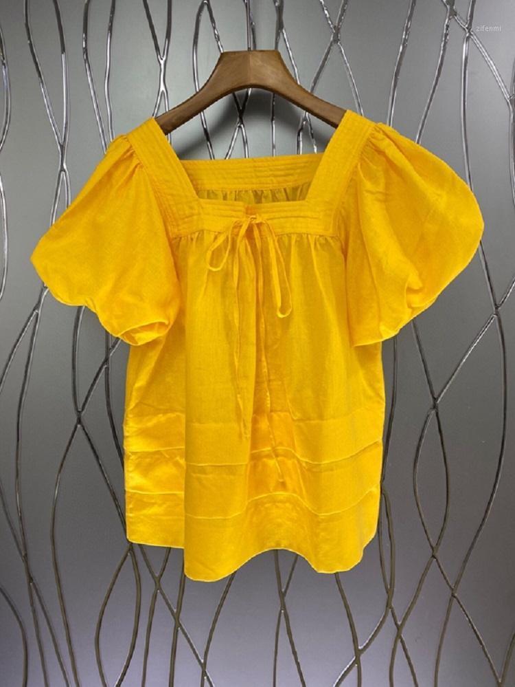 

Women' Blouses & Shirts 100%Linen Blouse 2022 Summer Fashion Women Sexy Square Collar String Deco Short Sleeve Casual White Orange Tops Blu