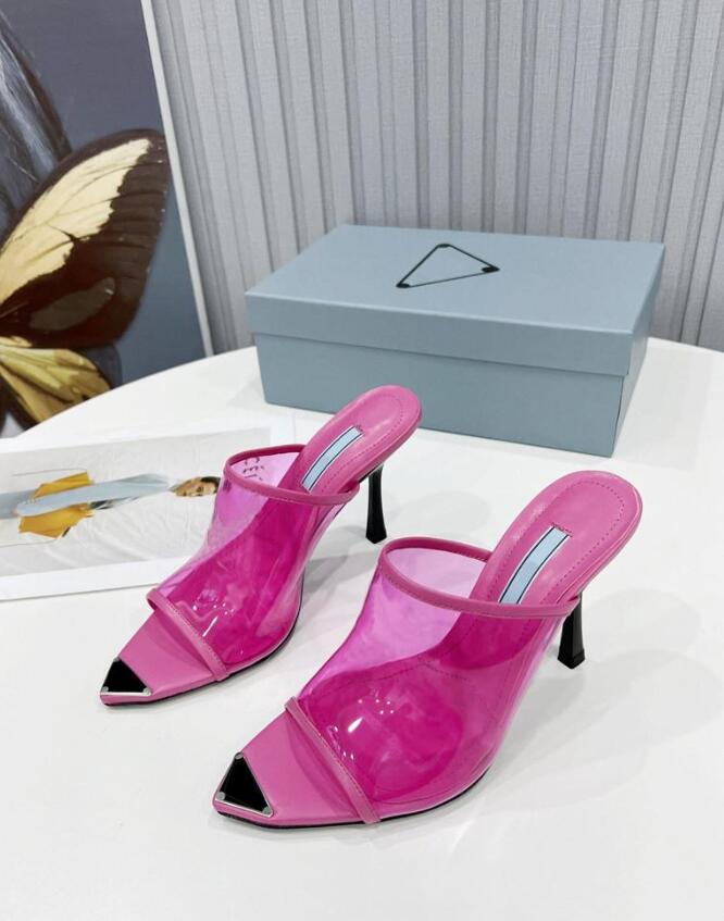 

Designer Luxury Womens Slippers Logo-print Plexiglas high-heel slides Blue leather insole Flip Flop Slipper With Box Dust Bag