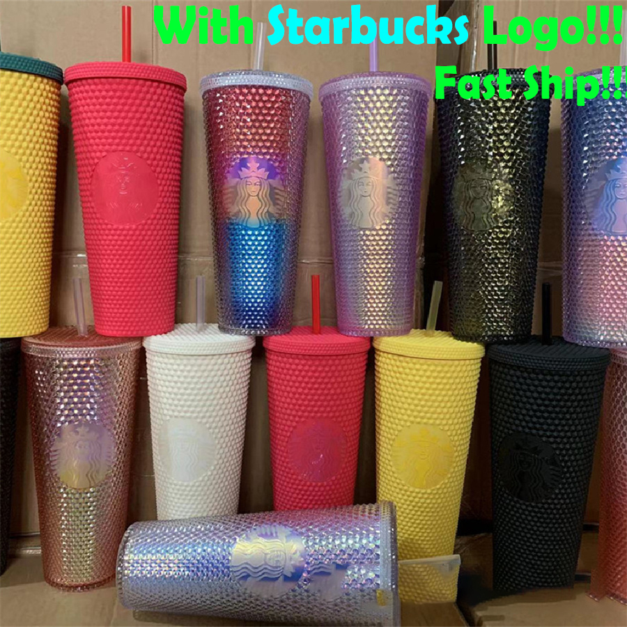 

Starbucks Cold Cup Studded Godness 24oz 710ml Tumbler Double Wall Matte Plastic Coffee Mug With Straw Reusable Clear Drinking With LOGO, 1lot=1cup+1lid+1straw