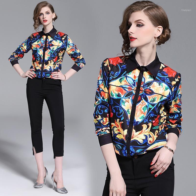 

Women' Blouses & Shirts 2022 Spring Summer Runway Floral Print Collar Long Sleeve OL Turn-Down Neck Womens Party Casual Top Blouse, Black