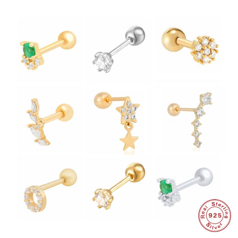 

Stud Aide 925 Sterling Silver Earrings For Women Piercing Cartilage Minimalist Small Cute Green Clear Zircon JewelryStud