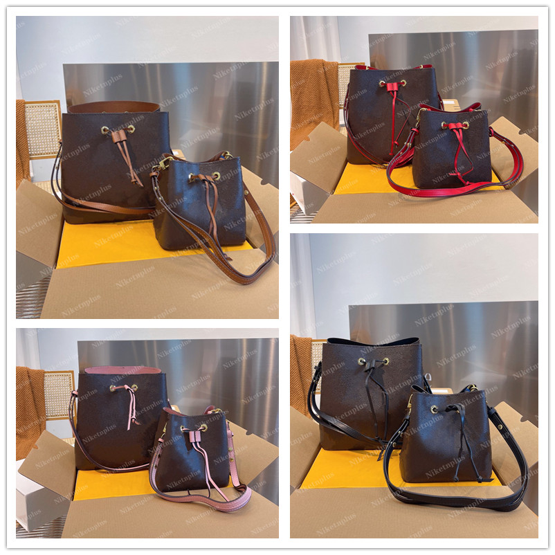 

Neo Noe Drawstring Designers Bags Women Vintage Shoulder Bags Black/Brown/Pink/Red leather trim Luxurys 1932 With wide shoulder strap NEONOE MM Bag, #1