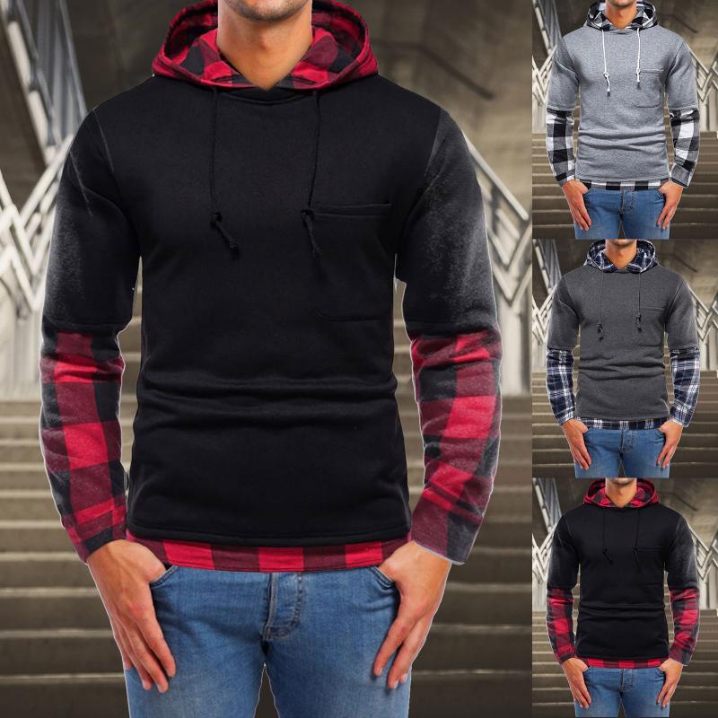 

Men's Hoodies & Sweatshirts Men's Hooded Overcoat Oversized Warm Drawstring Mid-Length Plaid Fake Two-piece Thickened Winter Slipper Soc, Black