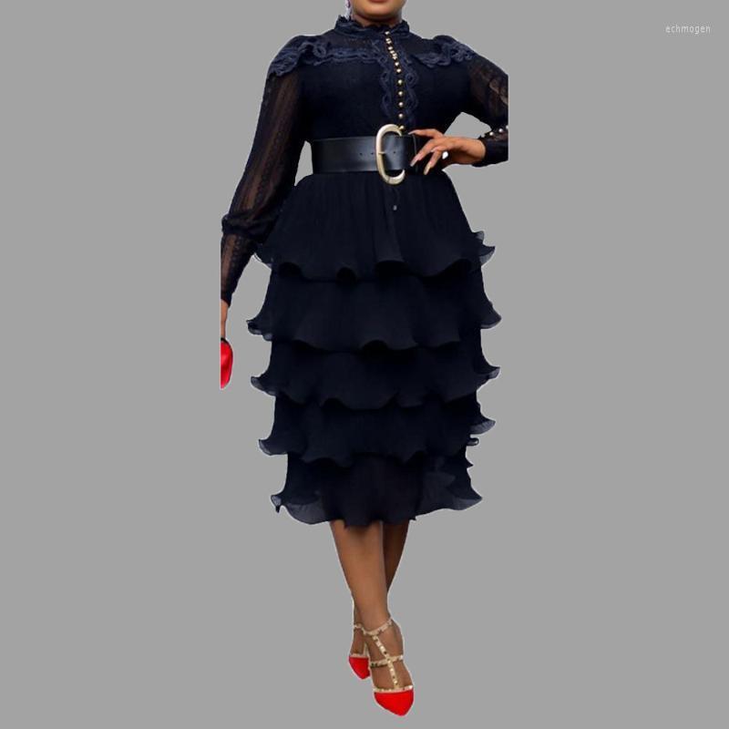 

Plus Size Dresses Women Elegant Layered Black Lace Dress Vintage Autumn Long Sleeve Classy Office Ladies Retro Party Ruffle Midi Echm22