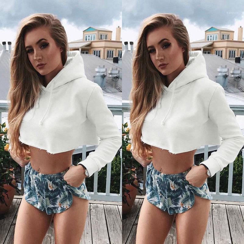 

Women' Hoodies & Sweatshirts 2022 Sexy Fashion Women White Crop Top Hooded Sweatshirt Long Sleeve Coat Pullover