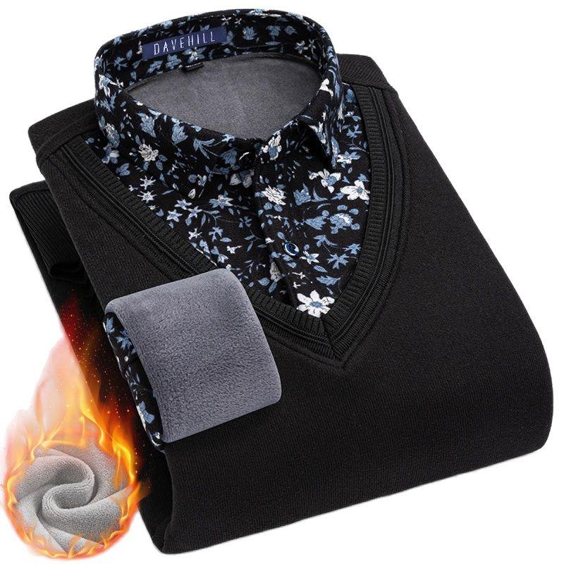 

Men's Casual Shirts Men Fake Two Pieces Shirt Collar Woollen Warm Plus Velvet Thick Long Sleeved Jacket Men's FitMen's, B5