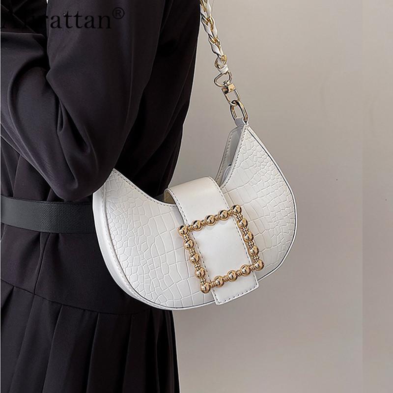 

Evening Bags Luxury Crocodile Pattern PU Leather Crossbody For Women 2022 Fashion Brand Ladies Metal Chain Handbag Crescent Shoulder Bag, White