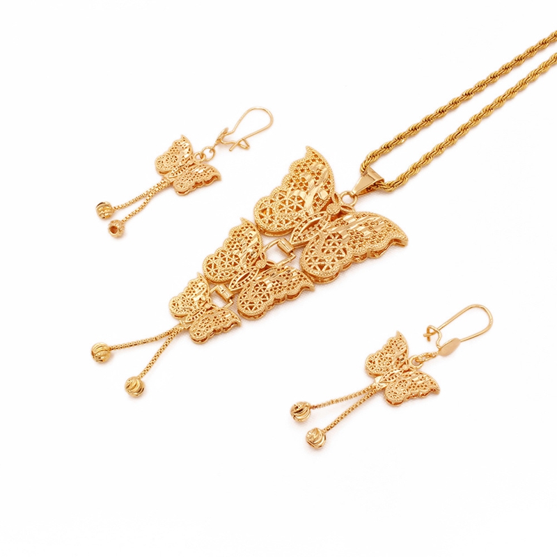 

Women Jewelry Set Butterfly Sahped Pendant Chain+Earring 18K Ethiopian Arabia Indian Dubai African Wedding Party Bridal Gift