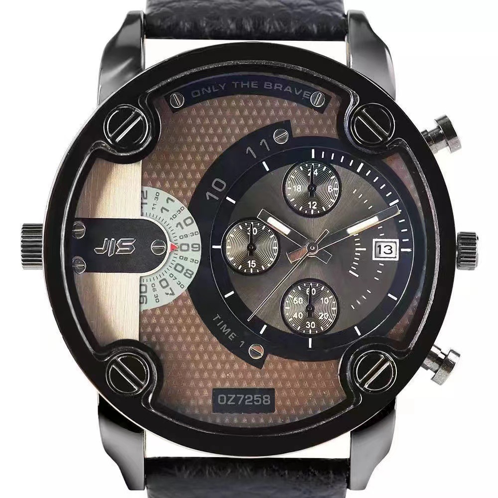 

Wristwatches Fashion Big Dial Watches Men Military Sports Leather Strap Complete Calendar Quartz Clock Reloj HombreWristwatches, Brown