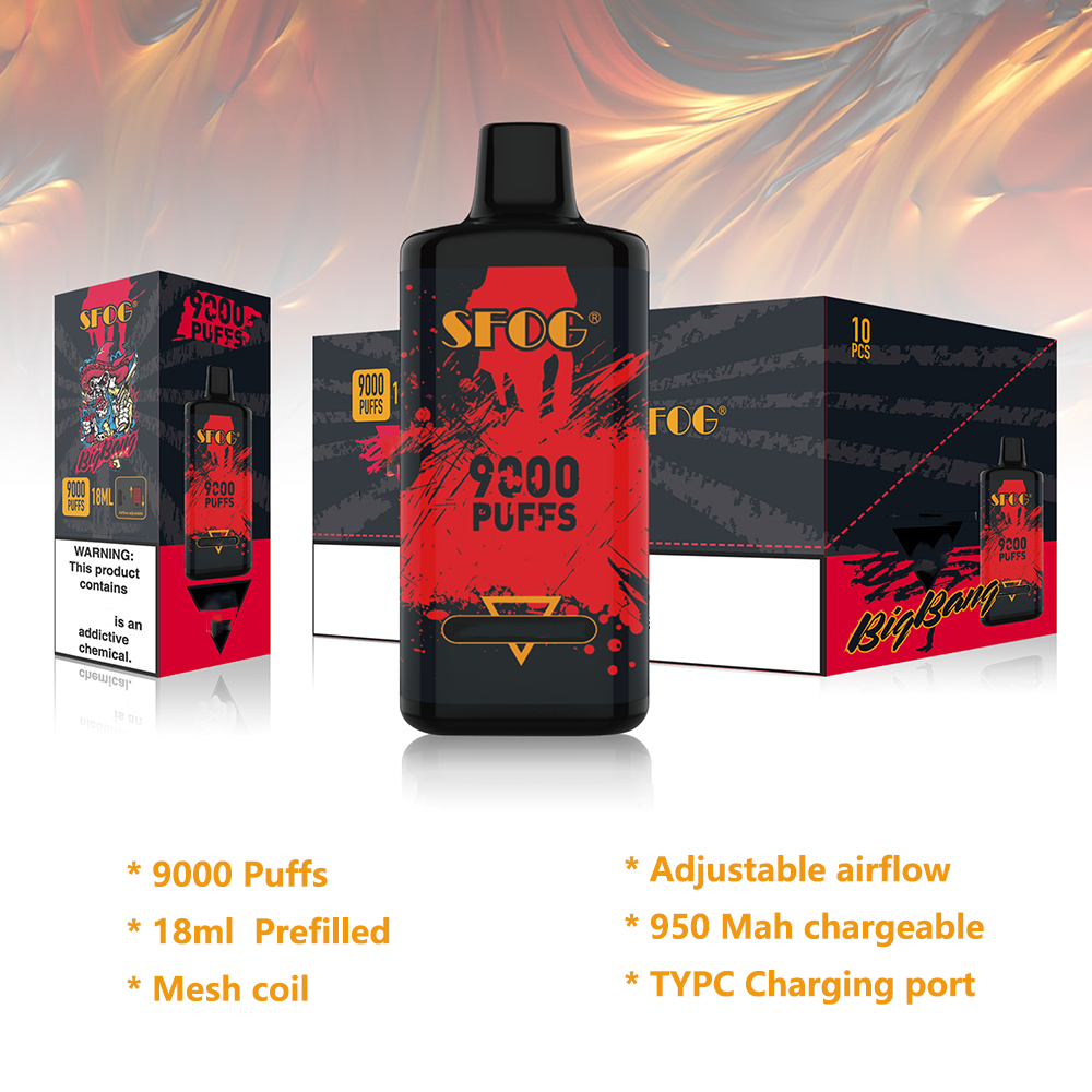 

SFOG big bang disposable e cigarette device vapes puff bar 9000 puffs prefilled 18ml pods vape box mod mesh coil 950mAh rechargeable 12 colors vapor vs randm tornado