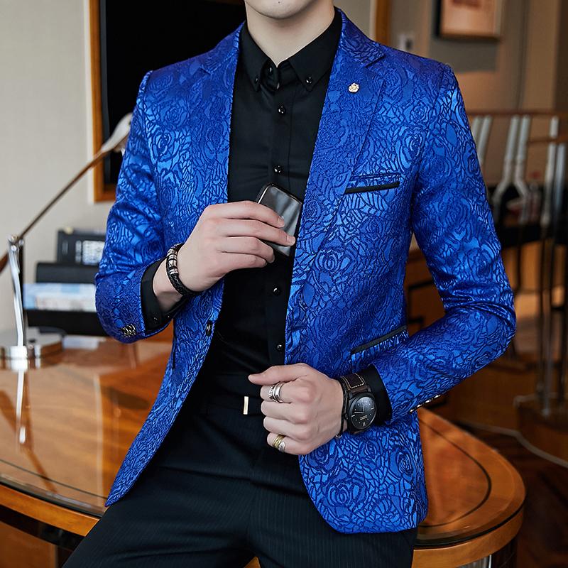 

Men' Suits & Blazers Luxury Fashion Print Blazer Royal Blue Black Personality Rose Jacquard Slim Jacket Business Casual Party Wedding