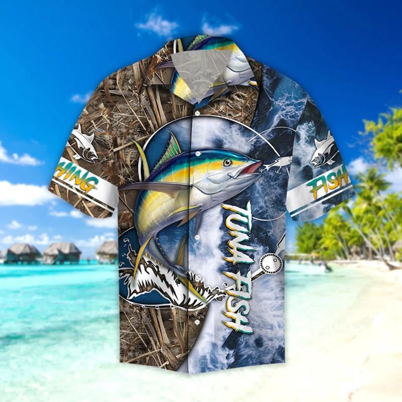

Men' Casual Shirts Most Fashionable Beach Shirt Summer Sleeve Fashion Short Life Tuna Print Fishing 3D Harajuku ShirtMen, Beige