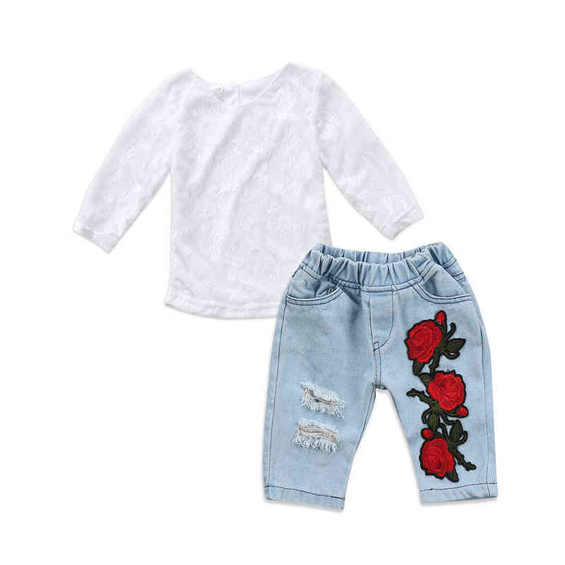 

Citgeett Newborn Kids Baby Girls Cute 3D Flower Lace Long Sleeves Tops Denim Hole Hot Pants Outfits Fashion Set J220712, Red
