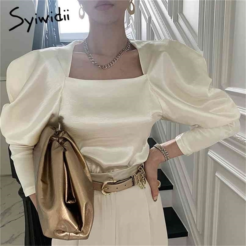 

Puff Sleeve Top Satin Blouse Women Square Collar Office Lady Solid Fashion Clothes Spring Beige Fall Shirts 210607