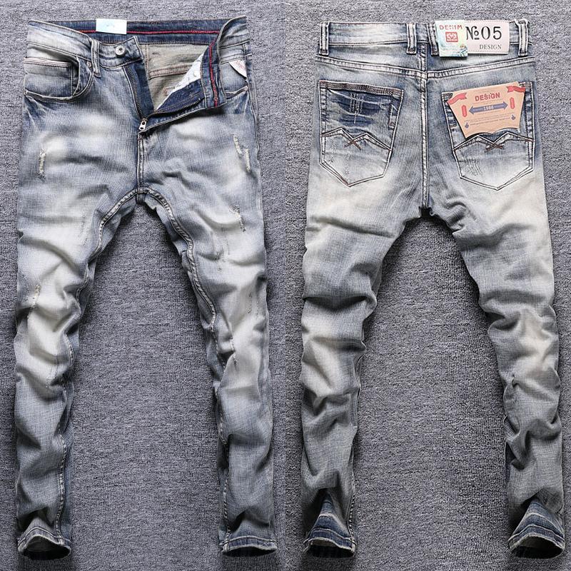

Men's Jeans Streetwear Fashion Men Retro Yellow Blue Elastic Slim Fit Ripped Trousers Vintage Designer Casual Denim PantsMen's