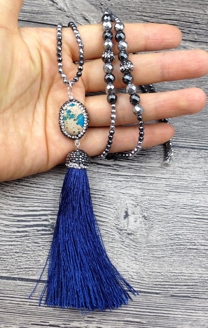 

Pendant Necklaces Pave CZ Crystal Blue Cord Tassel Charm Hematite Stone Beads Necklace 30inch LongPendant NecklacesPendant