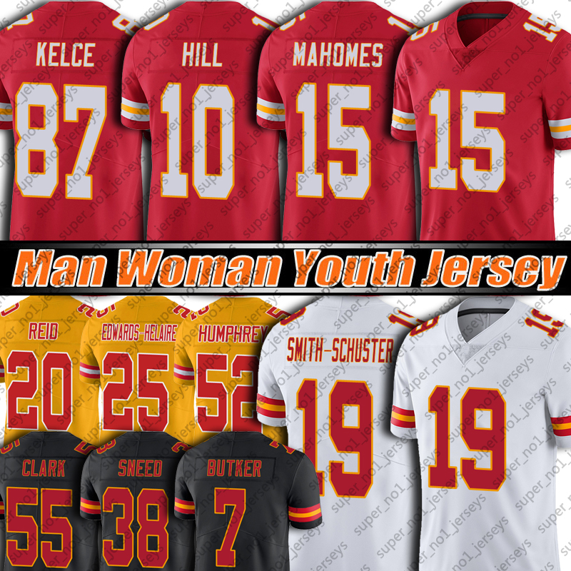 

15 Patrick Mahomes JuJu Smith-Schuster Jerssey Football Travis Kelce Tyreek Hill Clyde Edwards-Helaire Jerses Humphrey Butker Frank Clark Chris Jones Justin Reid, Woman custom jersey (qz)
