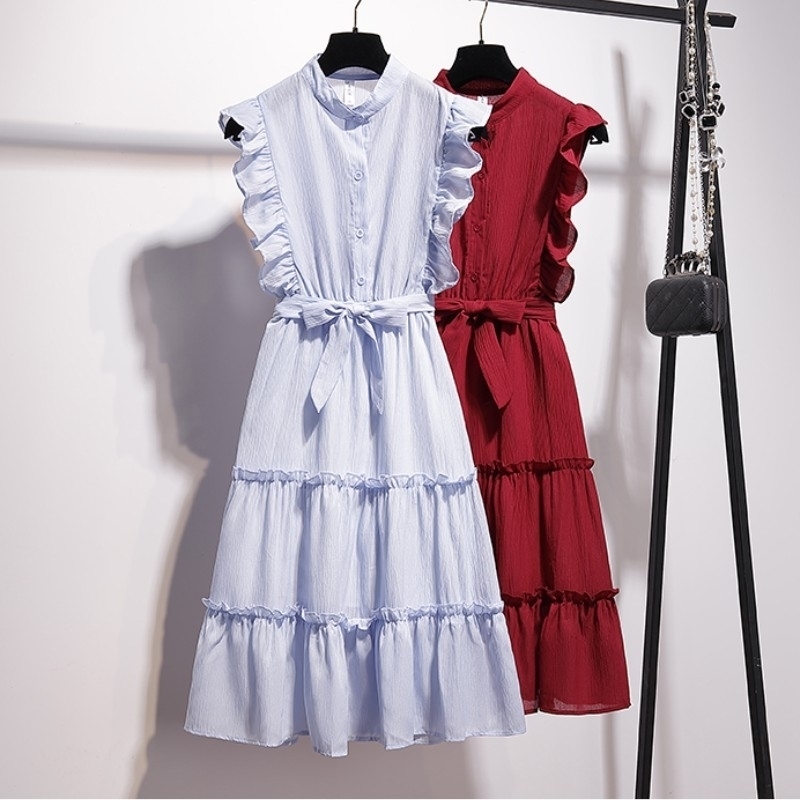 

Elegant High Waist ONeck Ruffled Sleeveless Party Dress Women Summer Fashion Vintage Red Chiffon Robe 210526, Photo color