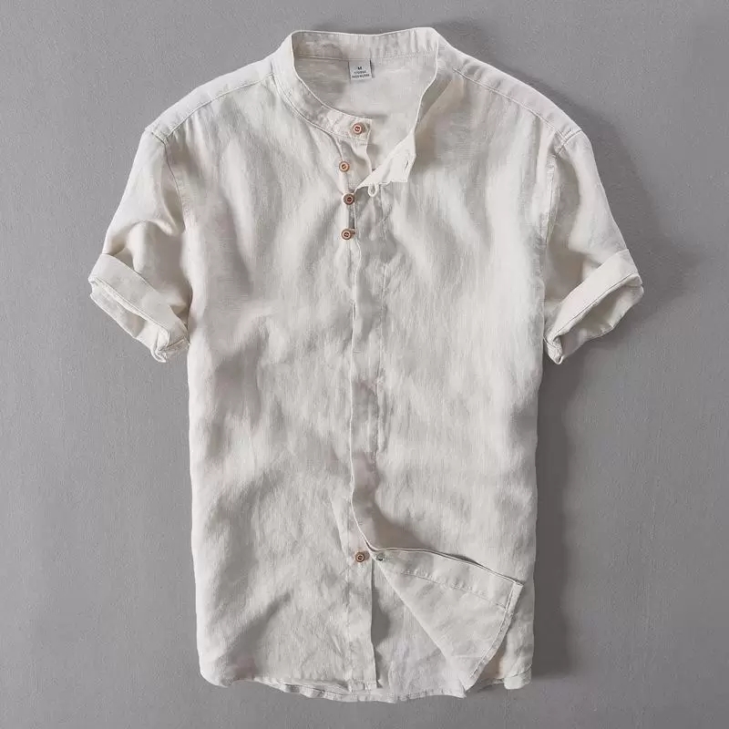 

Men's Casual Shirts Pure Linen Short - Sleeved Shirt Chinese Collar 100% Men Brand Fashion Mens Summer Camisa Social, White;black