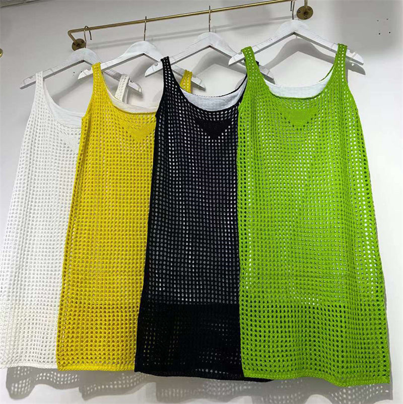 

Women's Knitting Hollow Out Dress Sleeveless Long Top Triangle Vest Slip Braces Dresses Summer Embroidery Letter Casual 4 Colors, Extra shipping cost