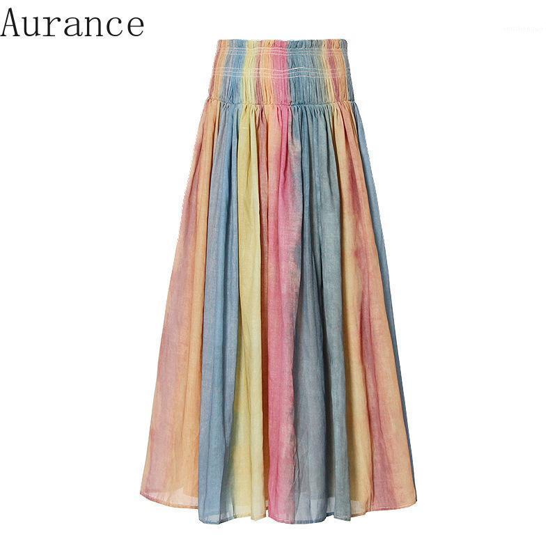 

Skirts [Aurance] Women Patchwork Hit Color Retro Rainbow Maxi Skirt Elastic Waisted Long High Waist Loose Pleated 2022, As picture