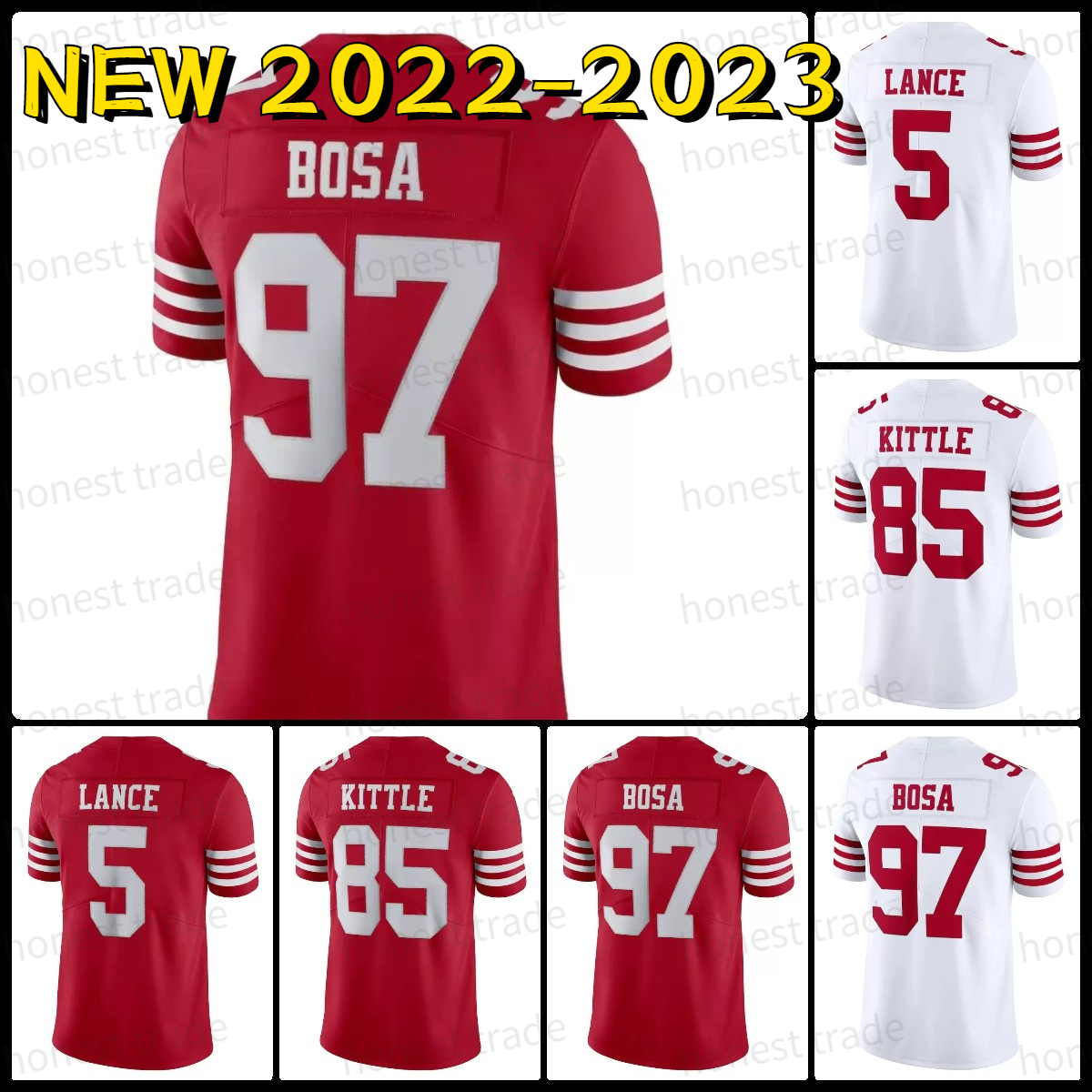 

2022 Football George Kittle 85 Nick Bosa 97 Deebo Samuel 19 Trey Lance 5 Warner 54 Joe 16 Rice 80 Jersey Red White Black 49 Stitched Jerseys New Style
