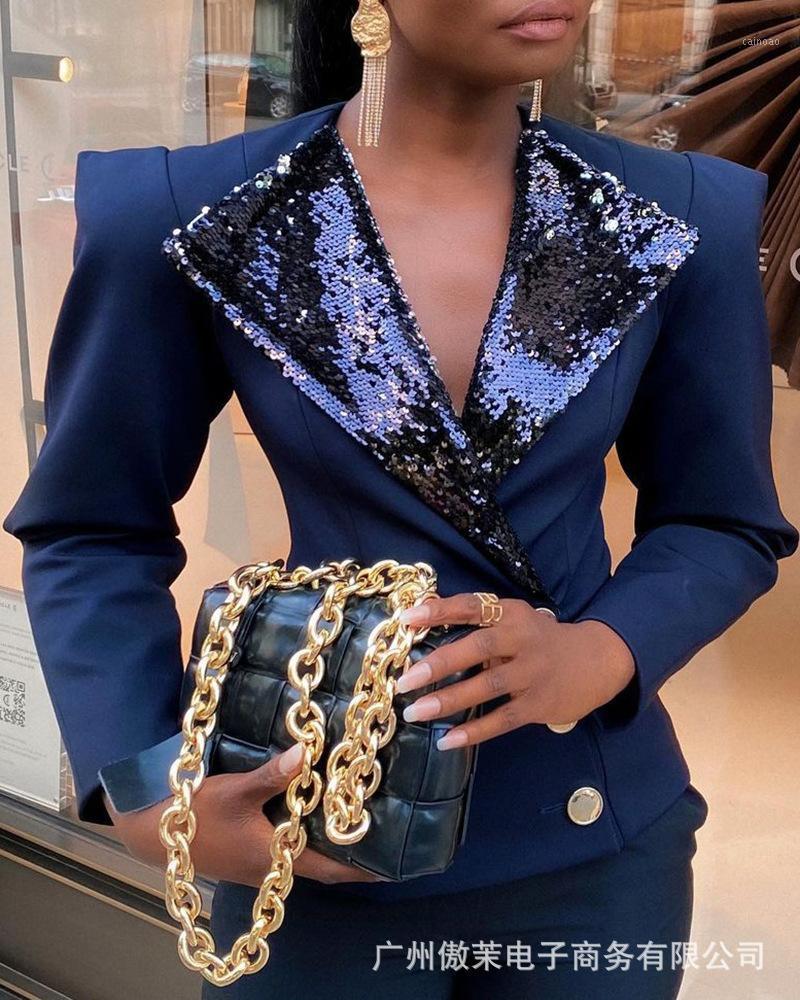 

Women' Jackets 2022 Style Black Wide Shoulder Fashion Sequin Lapel Suit